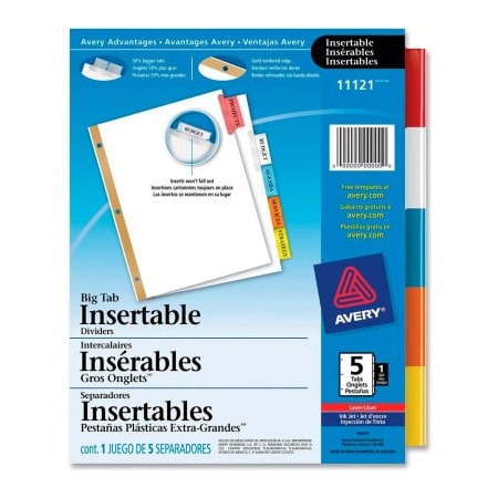 Avery Dennison Avery WorkSaver Big Tab Insertable Tab Divider, Blank, 8.5"x11", 5 Tabs, White/Multicolor 11121